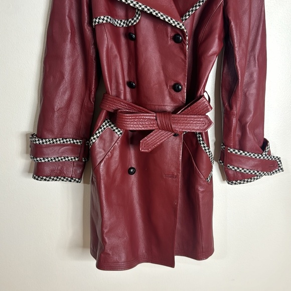 Vtg Spiegel Womens Houndstooth Trim Genuine Leather Overcoat size 12 Crimson - Picture 3 of 11